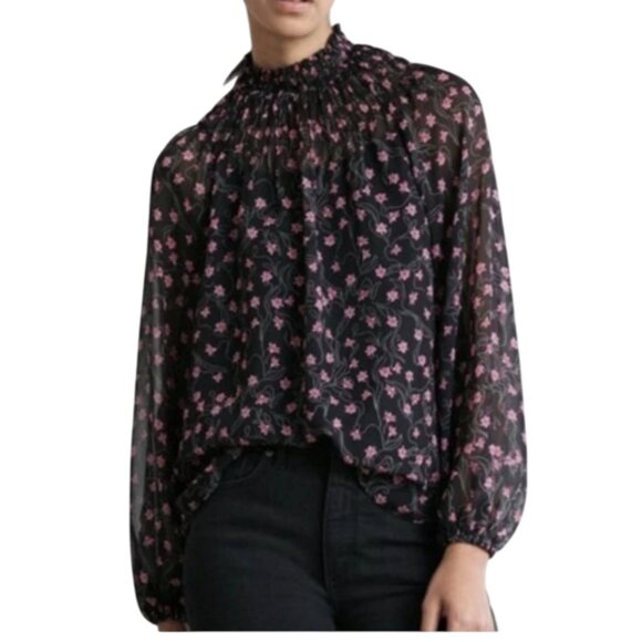 ELIZABETH & JAMES Blouse, L, Sheer Black/Pink Floral, Smocked Neck, Long sleeeve - Picture 12 of 12